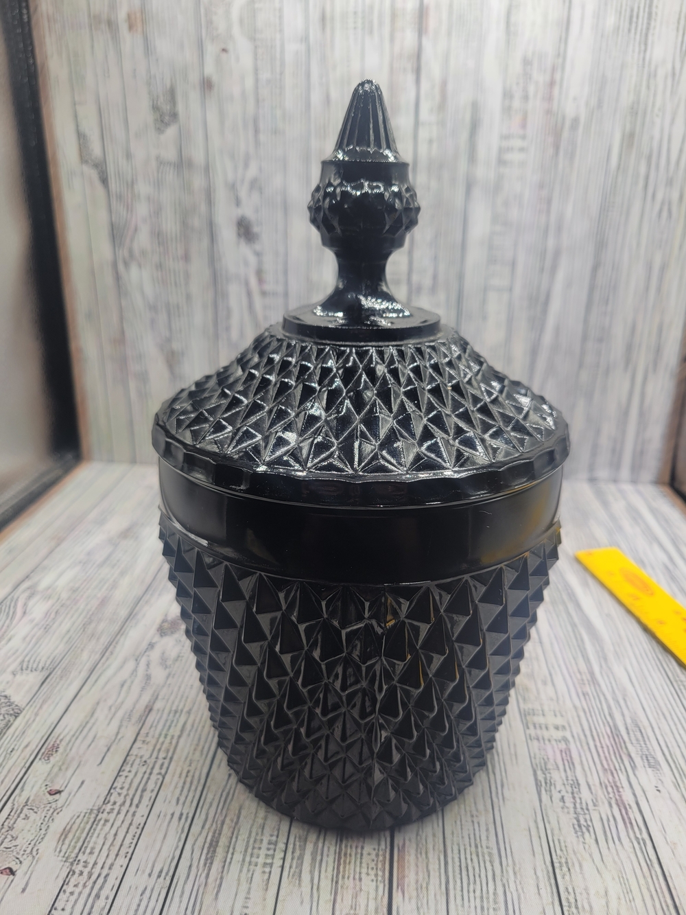 Vintage 1970s Black Glass Diamond Point Ice Bucket From Indiana Glass